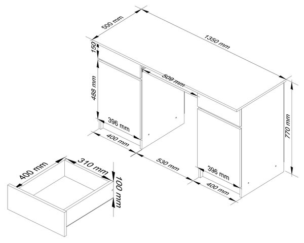 Ak furniture Psací stůl A5 135 cm bílý
