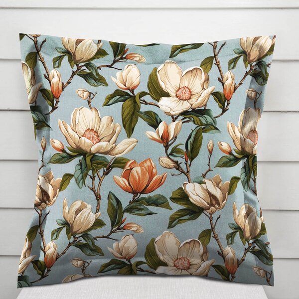 Biante Bavlněný povlak na polštář s lemem Sandra SA-545 Květy magnolie na šedomodrém 30 x 50 cm
