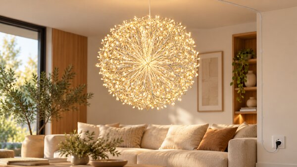 Závěsná LED světelná pampeliška, 30 cm, 1600 LED, teplá bílá se studenými záblesky