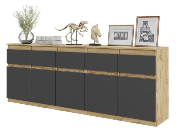Komoda NOAH Dub Wotan / Antracit – Velká Komoda do Lonice s 5 Zásuvkami a 5 Dvíky, Set Komod 200 x V75 x H35 cm