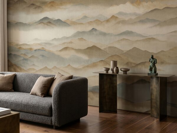 FUGU Luxusní designová tapeta mlhavé horské panorama v zemitých tónech – Roerich Twilight Materiál: Samolepicí tkaný eko materiál - samolepicí tapeta
