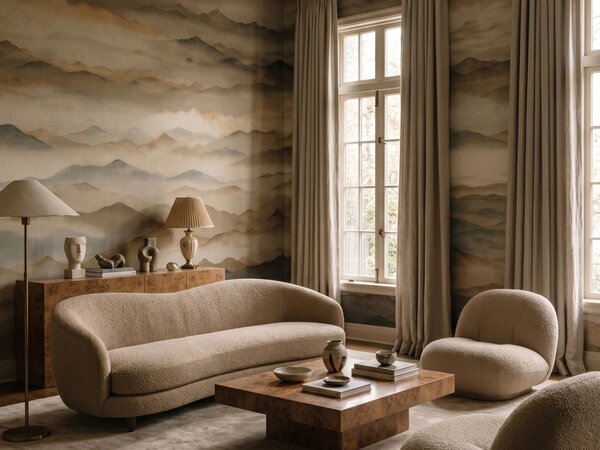 FUGU Luxusní designová tapeta mlhavé horské panorama v zemitých tónech – Roerich Twilight Materiál: Samolepicí tkaný eko materiál - samolepicí tapeta