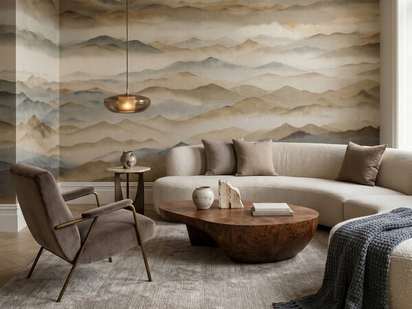 FUGU Luxusní designová tapeta mlhavé horské panorama v zemitých tónech – Roerich Twilight Materiál: Samolepicí tkaný eko materiál - samolepicí tapeta