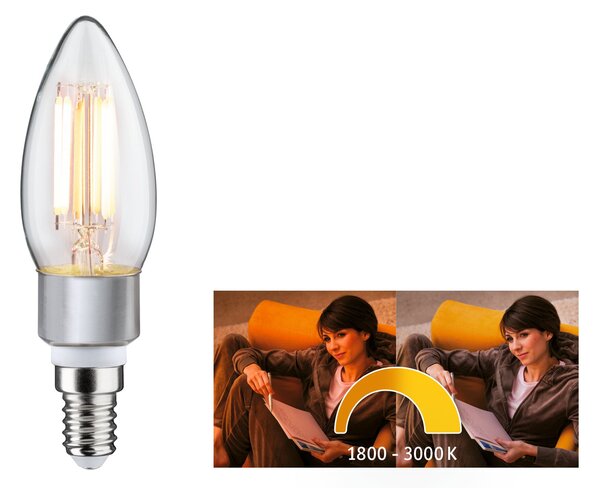 Paulmann 28777 LED žárovka Candle, 5W LED 1800 - 3000K dim-to-warm stmívatelná, výška 11,7cm