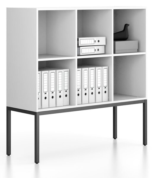 Regál FRAME, nízký, s černou podnoží, 1299 x 450 x 1331 mm, bílá