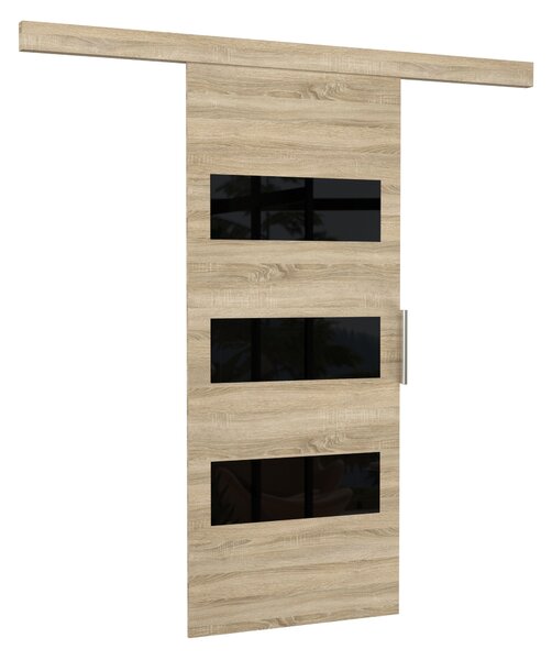 Posuvné dveře na stěnu s lakovaným sklem 86 cm FABRIA - dub sonoma / černé