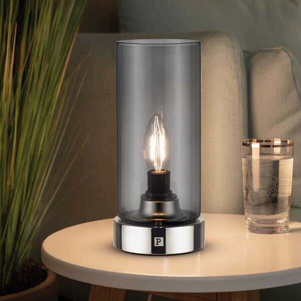 Paulmann 77056 Pinja, stolní dotyková lampa, 1x40W, chrom, kouřové stínítko, 24cm