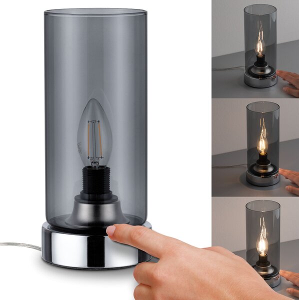 Paulmann 77056 Pinja, stolní dotyková lampa, 1x40W, chrom, kouřové stínítko, 24cm