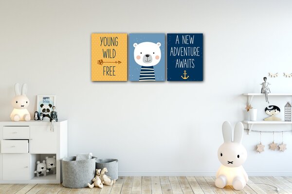 Impresi Obraz Sada dětských obrázků žluto modrá - 90 x 40 cm (3 dílný)