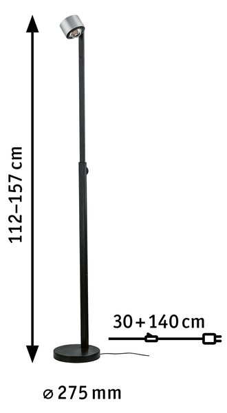 Paulmann 79717 Aldan, stojací lampa s dotykovým stmívačem, 17W LED 2700K stmívatelné, černá/broušený hliník, výška 112 až 157cm