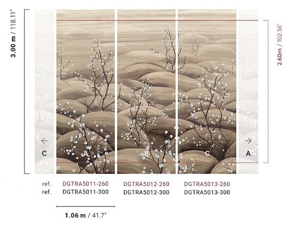 Vliesová obrazová tapeta na zeď, béžová, šedá, větvičky kvetoucí sakury, DGTRA5013-260, Traces, Masureel