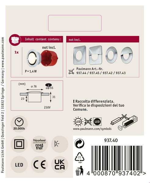 Paulmann 93740 Special Line IP65 Downlight Basic, zápustné svítidlo do krabice KU68, 1x1,4W LED, 3000K, prům. 7,6cm