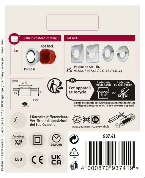 Paulmann 93741 Special Line IP65 Downlight Basic, zápustné svítidlo do krabice KU68, 1x1,4W LED, 4000K, prům. 7,6cm