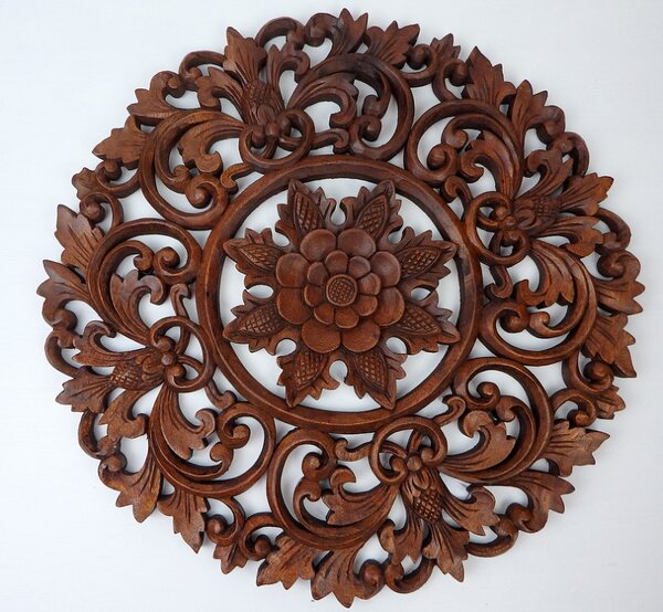 Nástěnná dekorace MANDALA LOTOS hnědá, 50 cm, exotické dřevo, ruční práce