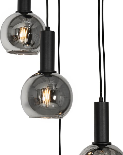 Závěsné svítidlo Art Deco černé s kouřovým sklem kulaté 5-světlo - Josje