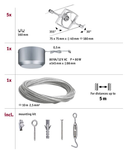 Paulmann 94133 Mac2, lankový systém, 5x max 10W LED 12V, matný chrom, 500cm