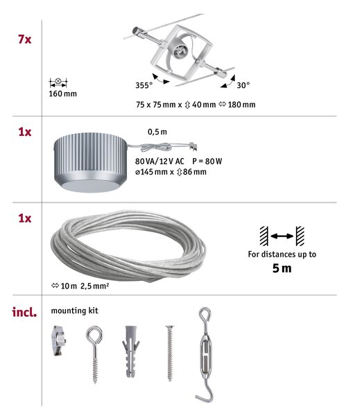 Paulmann 94152 Mac2, lankový systém, 7x max 10W LED 12V, matný chrom, 500cm