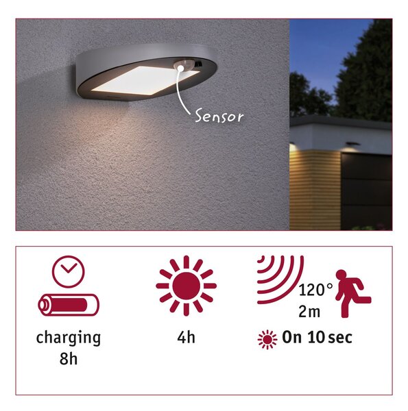 Paulmann 94246 Ryse, antracitové nástěnné solární svítidlo se senzorem, 1,2W LED 3000K, šířka 15,4cm, IP44