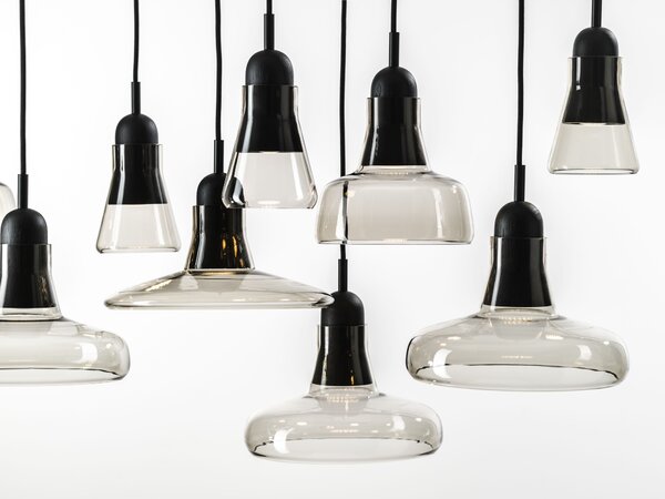 Brokis PC00921_035 Shadows set rectangular large, závěsné svítidlo, foukané kouřové hnědé sklo - černý dub - černý kabel, 10x5W LED GU10 dim, 100x36cm