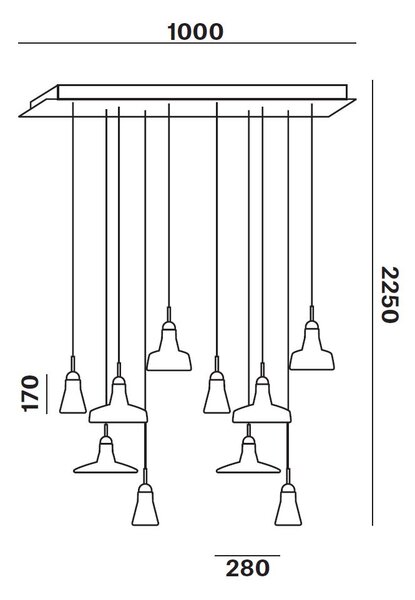 Brokis PC00921_035 Shadows set rectangular large, závěsné svítidlo, foukané kouřové hnědé sklo - černý dub - černý kabel, 10x5W LED GU10 dim, 100x36cm