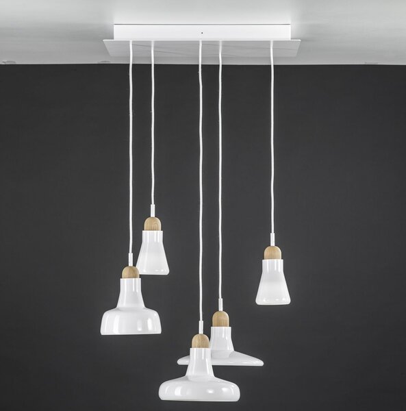 Brokis PC00931_040 Shadows set rectangular small, závěsné svítidlo z foukaného skla, leskle bílé sklo/voskovaný dub/bílý kabel, 5x5W LED, 60x36cm