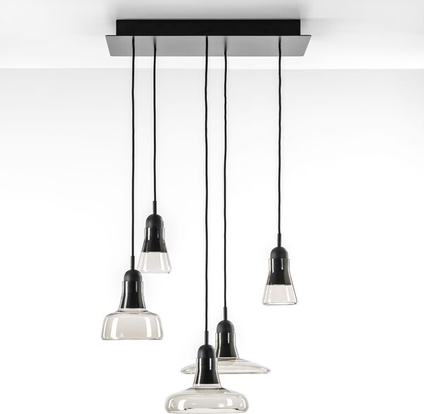 Brokis PC00931_027 Shadows set rectangular small, závěsné svítidlo z foukaného skla, kouřové šedé sklo/černý dub/černý kabel, 5x5W LED, 60x36cm