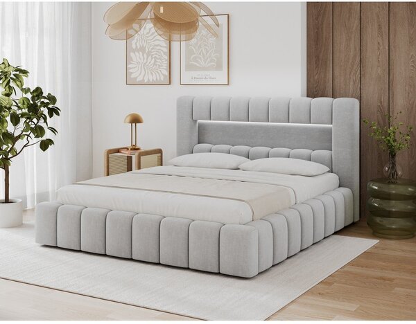Světle šedá čalouněná dvoulůžková postel s úložným prostorem s roštem 180x200 cm Lamica – ELTAP