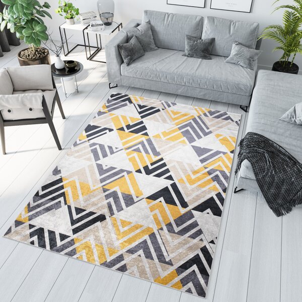 Makro Abra Kusový koberec pratelný TOSCANA 2391 Geometrický Moderní pogumovaný šedý žlutý krémový Rozměr: 80x150 cm