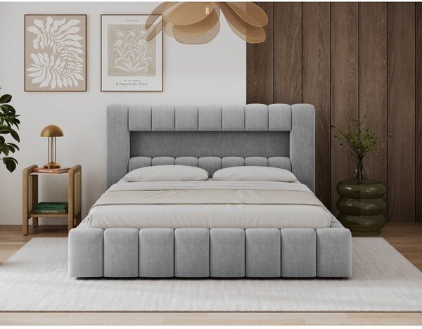 Světle šedá čalouněná dvoulůžková postel s úložným prostorem s roštem 180x200 cm Lamica – ELTAP