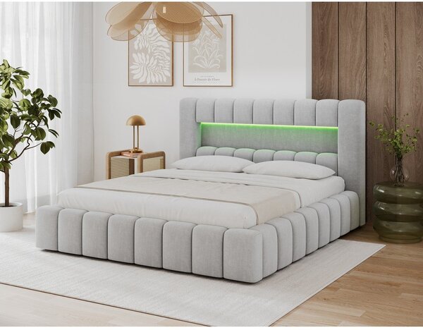 Světle šedá čalouněná dvoulůžková postel s úložným prostorem s roštem 180x200 cm Lamica – ELTAP
