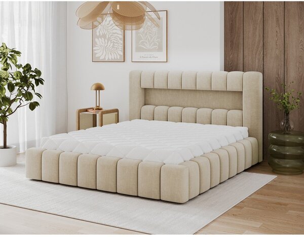 Béžová čalouněná dvoulůžková postel s úložným prostorem s roštem 160x200 cm Lamica – ELTAP