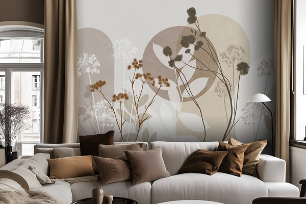 Fototapety Botanická a minimalistická kompozice ze sušených květin a listů s abstraktními, Fototapety 3D, Fototapety 3d květiny, w09906 : uwalls.cz