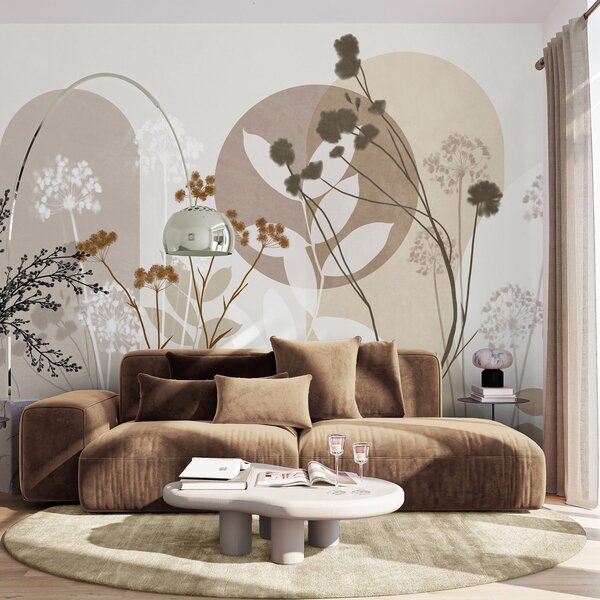 Fototapety Botanická a minimalistická kompozice ze sušených květin a listů s abstraktními, Fototapety 3D, Fototapety 3d květiny, w09906 : uwalls.cz