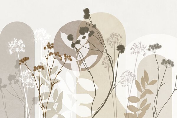 Fototapety Botanická a minimalistická kompozice ze sušených květin a listů s abstraktními, Fototapety 3D, Fototapety 3d květiny, w09906 : uwalls.cz