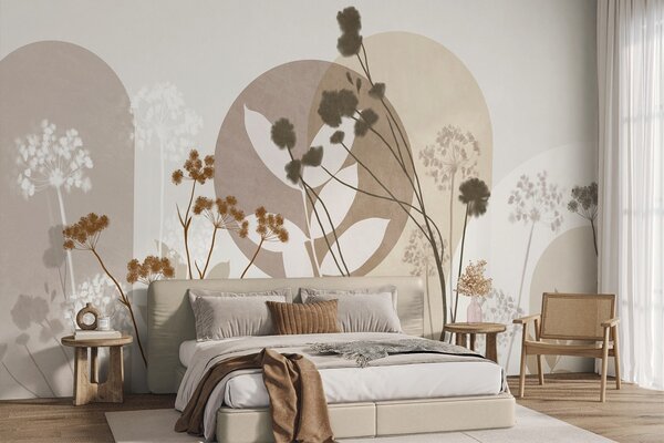 Fototapety Botanická a minimalistická kompozice ze sušených květin a listů s abstraktními, Fototapety 3D, Fototapety 3d květiny, w09906 : uwalls.cz