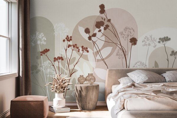 Fototapety Botanická a minimalistická kompozice ze sušených květů a listů s abstraktními, Fototapety 3D, Fototapety 3d květiny, w09906v1 : uwalls.cz