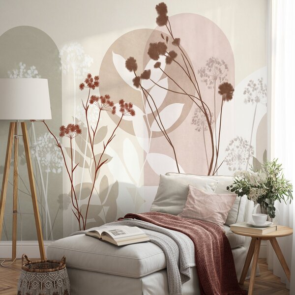Fototapety Botanická a minimalistická kompozice ze sušených květů a listů s abstraktními, Fototapety 3D, Fototapety 3d květiny, w09906v1 : uwalls.cz
