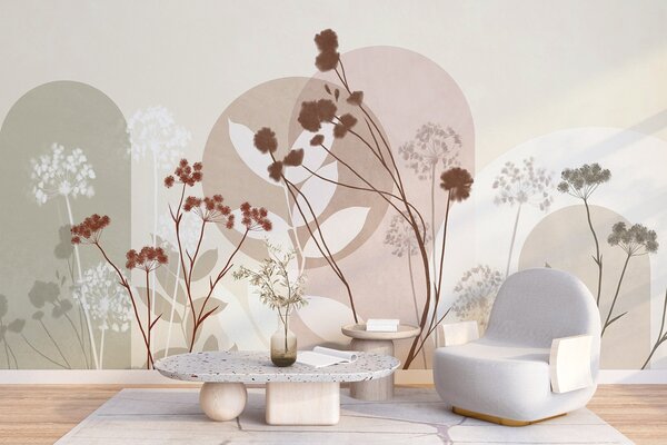 Fototapety Botanická a minimalistická kompozice ze sušených květů a listů s abstraktními, Fototapety 3D, Fototapety 3d květiny, w09906v1 : uwalls.cz