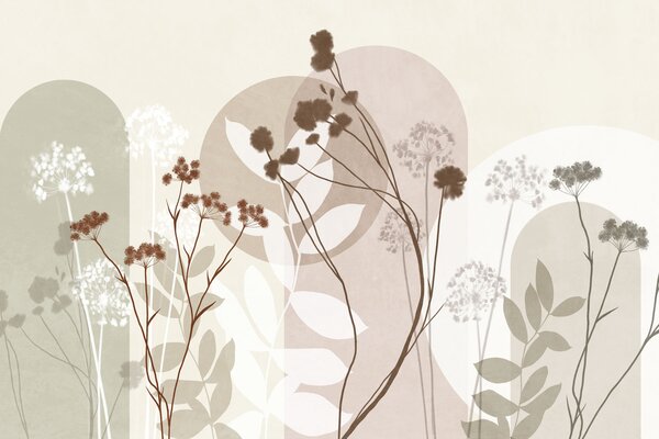 Fototapety Botanická a minimalistická kompozice ze sušených květů a listů s abstraktními, Fototapety 3D, Fototapety 3d květiny, w09906v1 : uwalls.cz