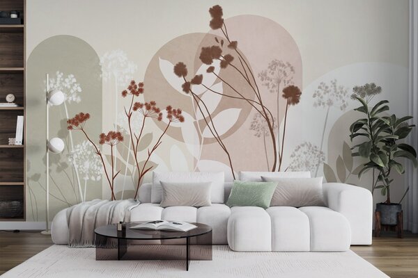 Fototapety Botanická a minimalistická kompozice ze sušených květů a listů s abstraktními, Fototapety 3D, Fototapety 3d květiny, w09906v1 : uwalls.cz