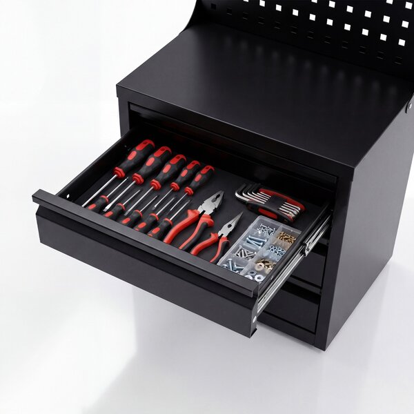 Organizér s perforovanou tabulí a zásuvkami 660 x 400 x 300 mm