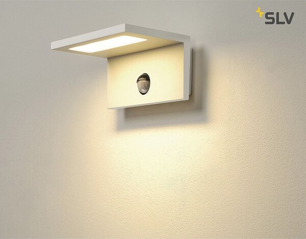SLV 1001970 Angolux S, moderní nástěnné svítidlo do exteriéru se senzorem, 9,8W LED 3000K, bílá, šířka 17cm, IP44