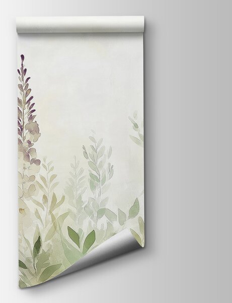 Fototapeta Lila květy mezi listy, Květinové motivy, Akvarel - Tapeko.co.cz