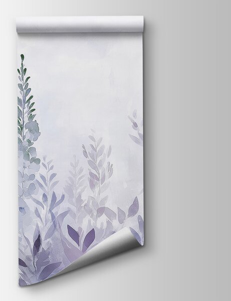 Fototapeta Lila květy mezi listy, Květinové motivy, Akvarel - Tapeko.co.cz