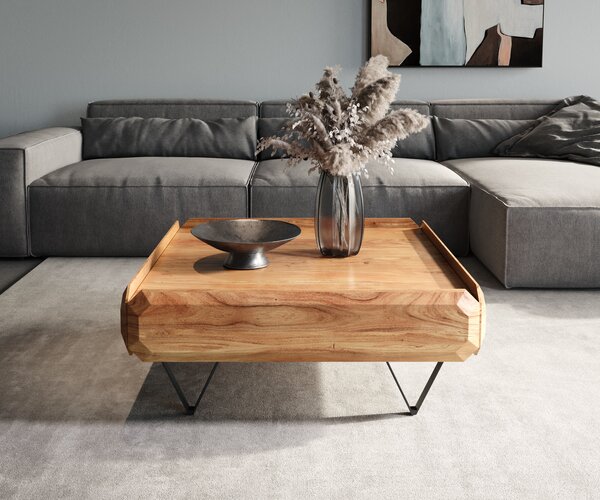 DELIFE Konferenční stolek Kiano 90x90 cm akácie přírodní 2 zásuvky podnož ve tvaru V černá