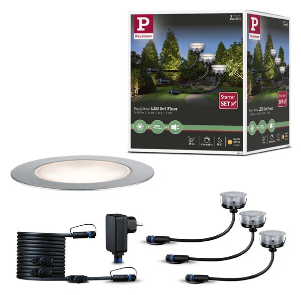 Paulmann 93692 Plug&Shine Floor Eco, základní set zápustných svítidel do terasy 3x1W LED 3000K stmívatelné, stříbrná, IP65
