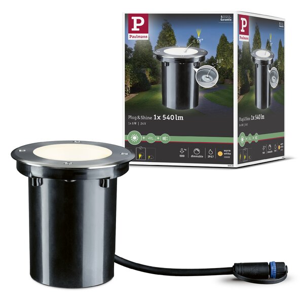 Paulmann 93908 Plug&Shine RL, zápustné svítidlo s nastavitelným směrem svícení 6W LED 3000K, nerez, prům. 14cm, IP67