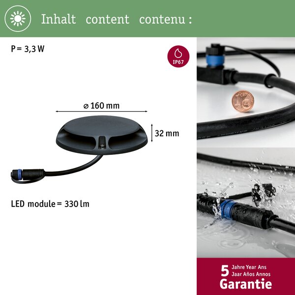 Paulmann 93920 Plug&Shine Shine, pojezdové svítidlo na podlahu, 2x3W LED 3000K, antracit, prům. 16cm, IP67