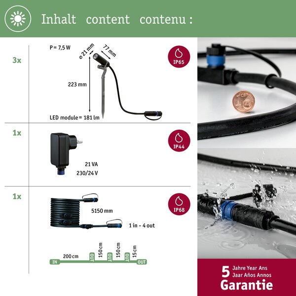 Paulmann 94154 Plug&Shine Plantini, základní set zahradních reflektorů 3x2,5W LED 3000K stmívatelné, IP65