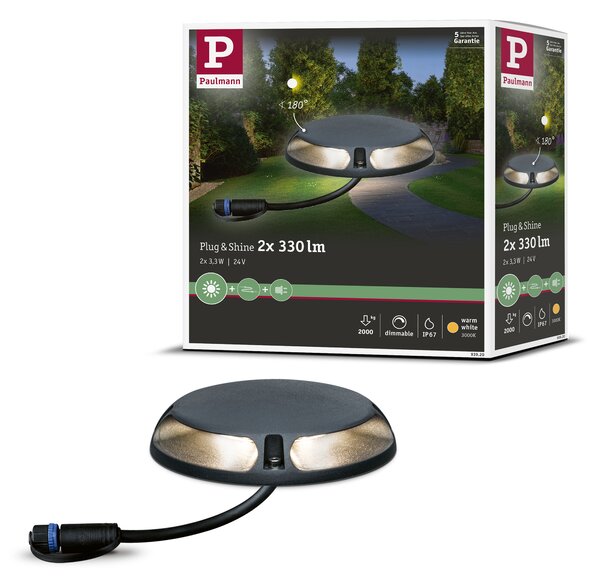 Paulmann 93920 Plug&Shine Shine, pojezdové svítidlo na podlahu, 2x3W LED 3000K, antracit, prům. 16cm, IP67